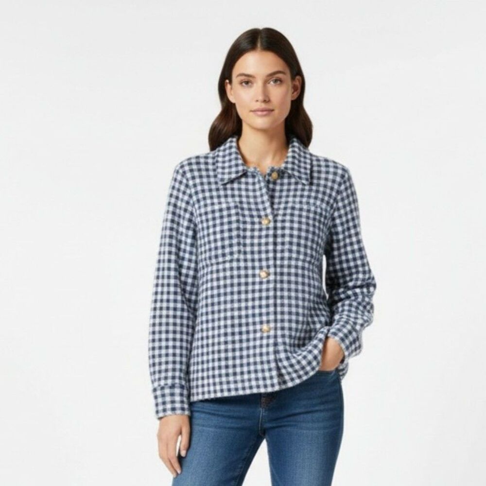 Max Studio Blue & White Fuzzy Cozy Gingham Plaid Button‎ Up Jacket M